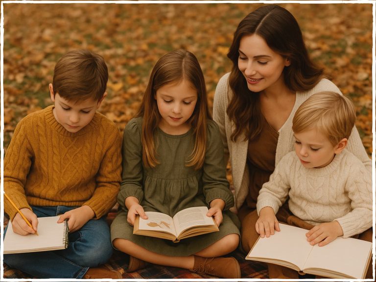 Children reading outdoors during an Autumn homeschool lesson.
