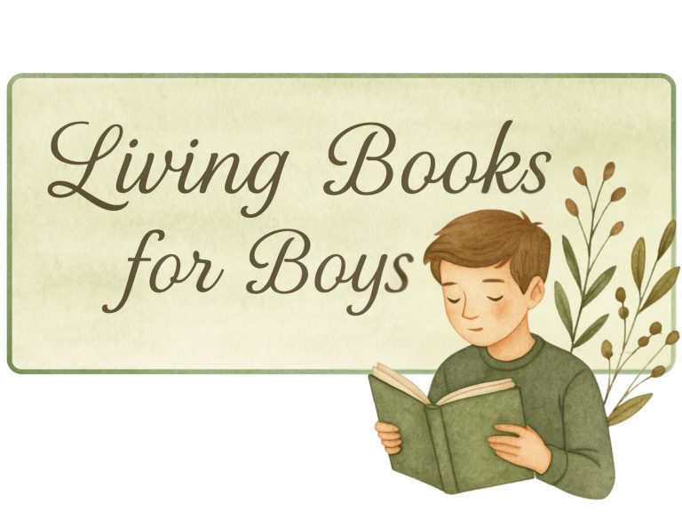 Boy reading book with greenery in front of a living books for boys label