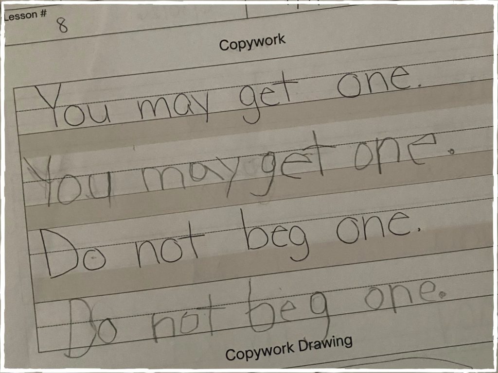 A sample of my child's copywork from a homeschool lesson