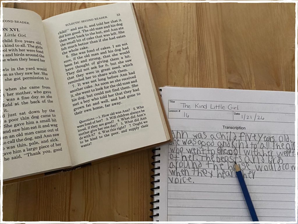 A McGuffey's reader and a sample of transcription/copywork