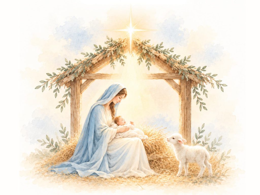 A beautiful image of Mary and Jesus and a lamb in front of a stable