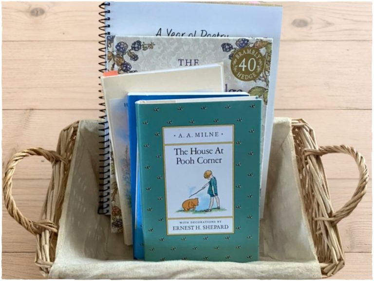 a morning basket with living books, poetry, fairy tales