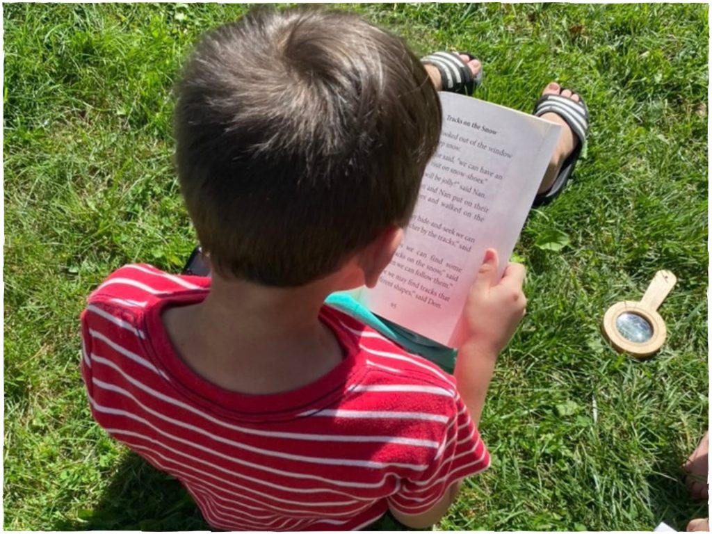 a little boy reading a nature living book outside in the grass