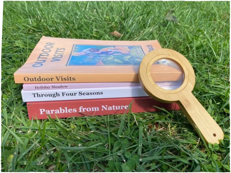 Nature living book pile with a magnifying glass outside in the grass