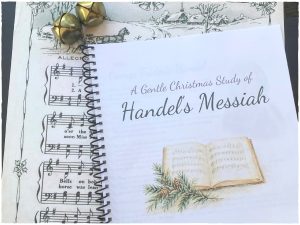 Christmas Handel Messiah study with sheet music and Christmas jingle bells