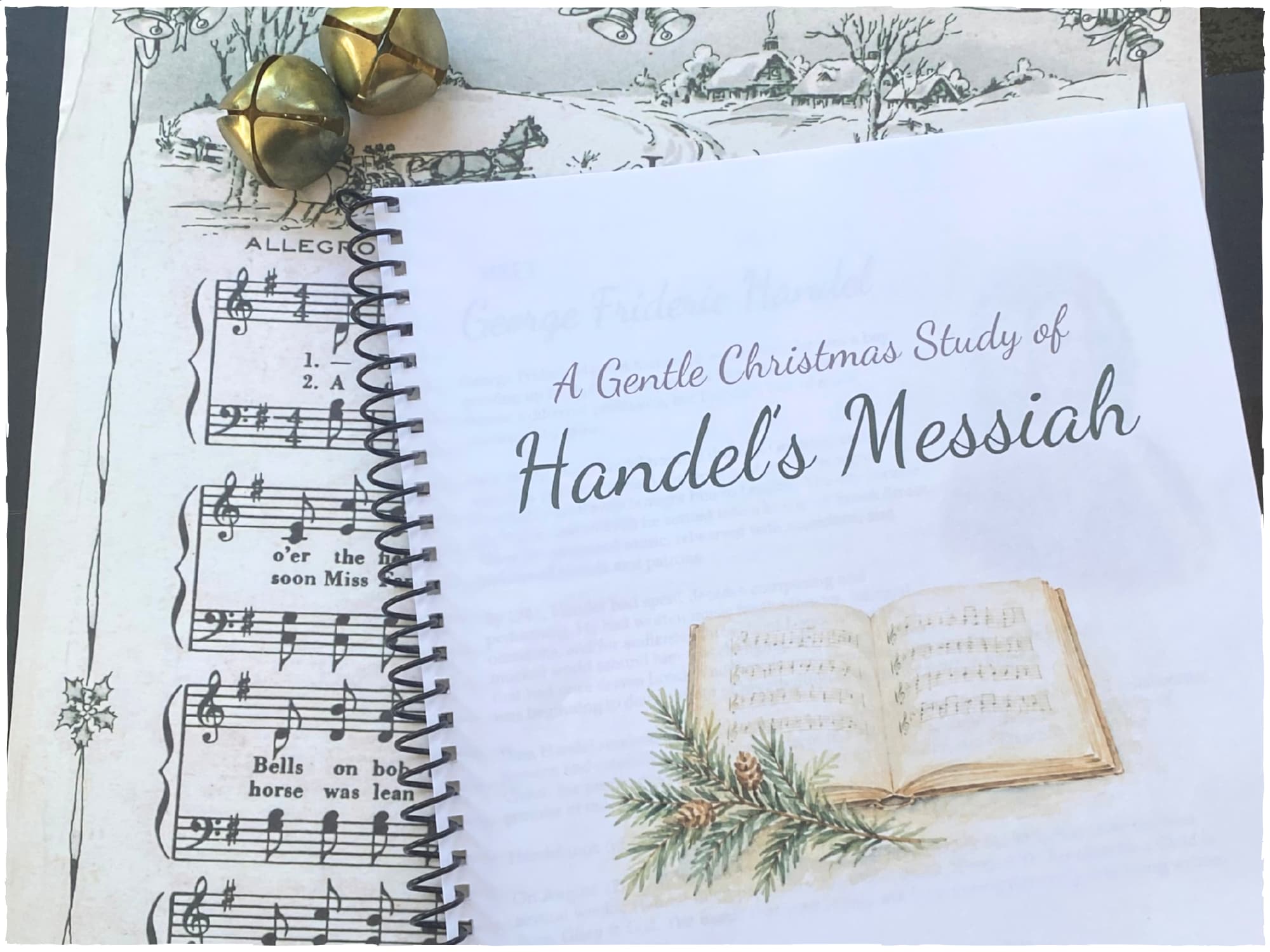Christmas Handel Messiah study with sheet music and Christmas jingle bells